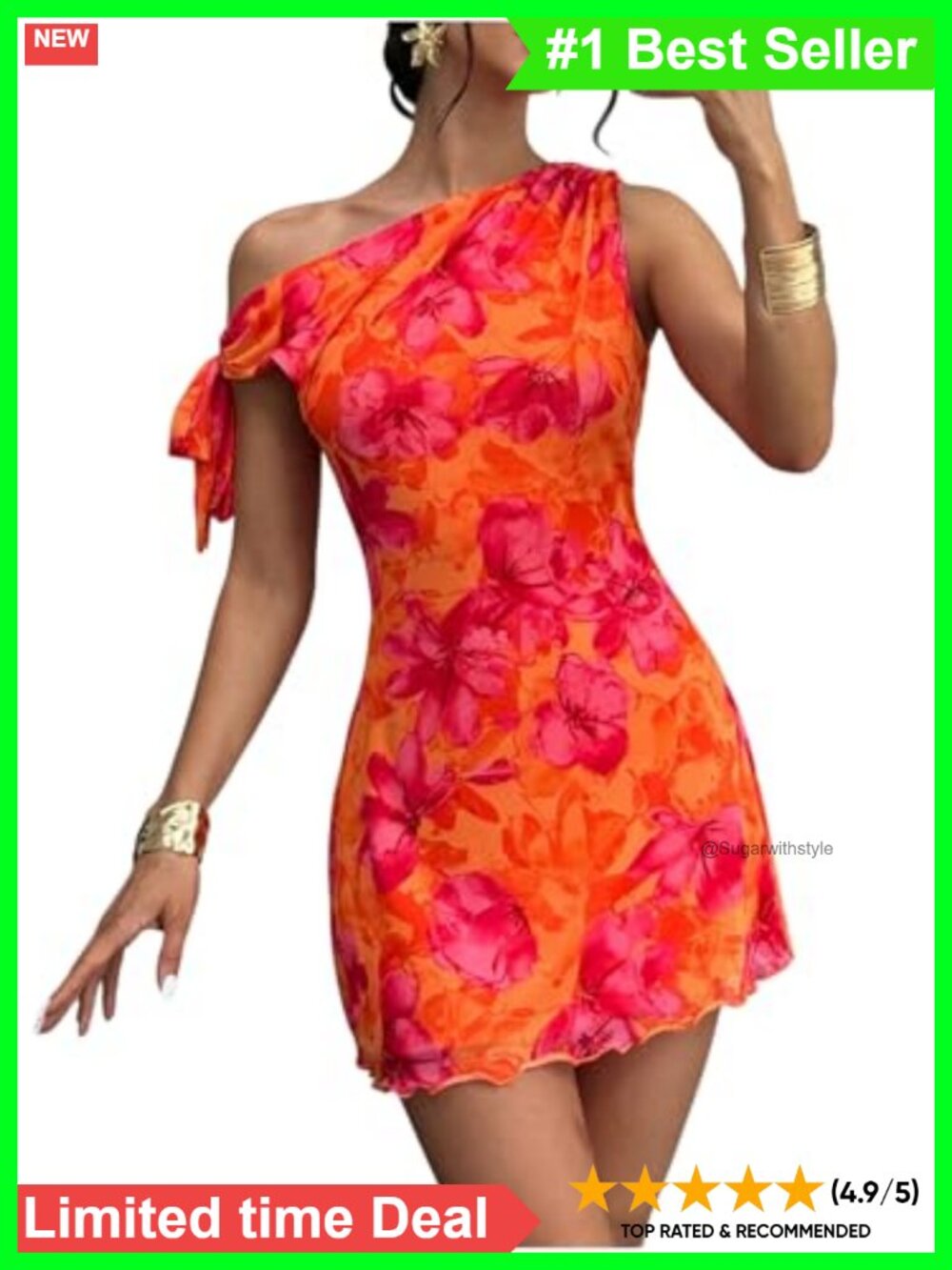 One Shoulder Floral Bodycon Mini Dress Asymmetrical Knot Sleeveless Cocktail
